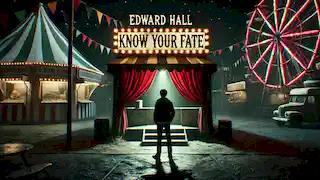 Edward Hall está de pé do lado de fora de uma pequena tenda em um carnaval, com um letreiro que diz