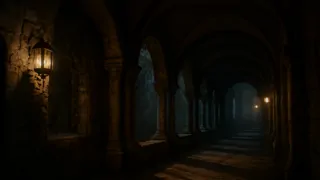 Interior de un claustro de una abadía medieval por la noche, con linternas que proyectan largas sombras.