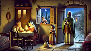 Der heilige Nikolaus, der in der Dunkelheit der Nacht einen Sack mit Goldmünzen durch ein Fenster wirft, um einer armen Familie in der antiken Stadt Patara zu helfen.