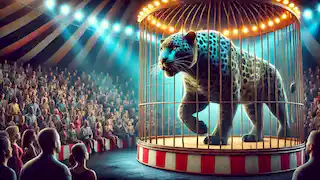 Una poderosa pantera camina de un lado a otro dentro de una jaula en el circo, rodeada de una multitud emocionada de espectadores.