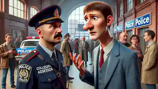 Kovalyov, sin nariz, habla con un oficial de policía en la estación, quien apenas oculta su diversión.