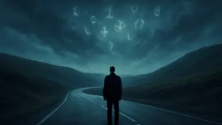 A man standing beneath a stormy sky, shadows wrapping around him as faint cosmic symbols swirl overhead.