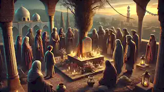 Los aldeanos se reúnen alrededor de un pequeño santuario dedicado al Ciprés Sagrado, con velas y ofrendas al anochecer.