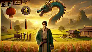 Liang se encuentra en un pueblo revitalizado al atardecer, luciendo un medallón de jade, con campos exuberantes que se extienden hasta el horizonte.