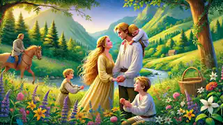 Rapunzel y el príncipe se reunieron en un valle exuberante con sus hijos gemelos, rodeados de flores silvestres.