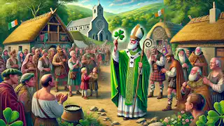 San Patricio sostiene un trébol, explicando la Trinidad a los curiosos aldeanos en un pueblo irlandés rodeado de vegetación.