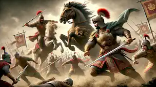 Bijan luchando en una gran batalla contra un soldado turaniano, con Rostam al frente de las fuerzas persas.