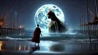 Adisa se encuentra con Mami Wata en una playa iluminada por la luna, la diosa emerge del océano en una atmósfera mística y mágica.