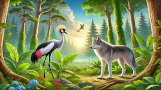 Un loup et une grue se tiennent côte à côte dans une forêt.