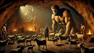 Polifemo, el Cíclope, cuida de sus ovejas en su cueva débilmente iluminada, mientras Odiseo y sus hombres se ocultan en la entrada.