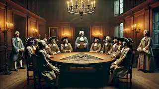 Uma reunião secreta do século XVIII com homens e mulheres diversos ao redor de uma mesa de madeira, à luz de velas.