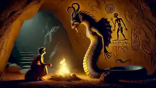 Echidna und Typhon begegnen sich in einer schwach beleuchteten Höhle und tauschen einen intensiven Blick in der antiken Zeit Griechenlands aus.