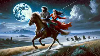 Köroğlu y Nigar huyen a caballo por las llanuras iluminadas por la luna, escapando de sus perseguidores bajo un cielo estrellado.