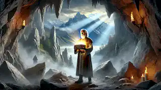Geoffrey de Charney am Eingang einer Höhle in den Pyrenäen, während er ein leuchtendes Relikt hält.
