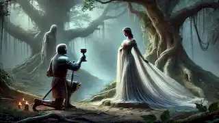 Sir Lancelot kneels before the Lady of the Lake in a mystical forest, illuminated by a soft glow.