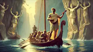Orpheus spielt seine Leier an Bord des Schiffs der Argonauten und übertönt den Gesang der Sirenen, während die Besatzung an den Inseln vorbeirudert.