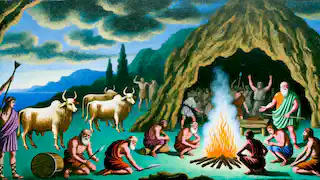 Los hombres de Odiseo asan el ganado sagrado de Helios mientras nubes de tormenta oscura se reúnen en el cielo, y Odiseo observa con asombro.