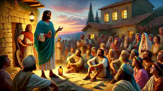 Alexios se dirige a los aldeanos en una plaza rústica, compartiendo sabiduría de la Isla de los Bienaventurados mientras sostiene un frasco de ambrosía.