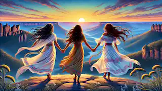 Las hermanas caminan de la mano hacia el futuro, enmarcadas por una vista panorámica de las Montañas Azules iluminadas por el atardecer.
