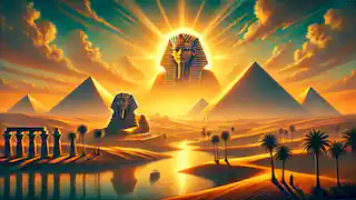 Ra contempla las pirámides de Giza y el Nilo al atardecer, vigilando la tierra que él creó.