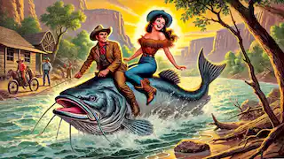 Pecos Bill se encuentra con Slue-Foot Sue montando un enorme pez gato que navega por el río Grande al atardecer.