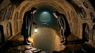Un hombre y profesor sosteniendo una antorcha, de pie en el borde de un profundo pozo dentro de un oscuro túnel.