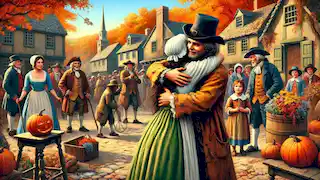 Rip Van Winkle abrazado por su hija Judith en el pueblo.