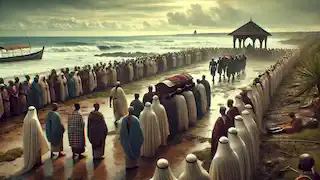 Une procession funéraire solennelle porte le corps enveloppé de Liongo vers une tombe surplombant l'océan Indien, sous un ciel nuageux.