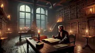Heinrich Weiss étudie de vieux documents dans une bibliothèque faiblement éclairée et mystérieuse, alors qu'une tempête fait rage à l'extérieur.