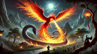 El Pájaro Vermellón lucha contra la serpiente sombría Jiāoguài bajo un vibrante cielo iluminado por la luna.