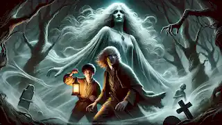 Fionn y Seamus se enfrentan a una fantasmal banshee en un bosque oscuro y brumoso.
