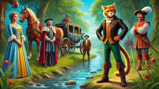 El Gato con Botas junto al río mientras su amo es rescatado por los guardias del rey.