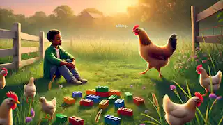 Taylor se sienta en la hierba mientras un pollo se acerca, brindando consuelo.