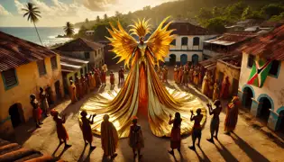 Ajani, ahora conocido como El Moko Jumbie Dorado, se eleva sobre la aldea en zancos dorados mientras la gente observa con asombro y reverencia.