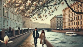 Alexei y Elizaveta caminando junto al floreciente Canal Fontanka en primavera