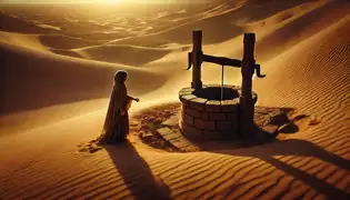 Amina se encuentra frente a un pozo antiguo, medio sepultado en el desierto, que emite una luz tenue y inquietante.