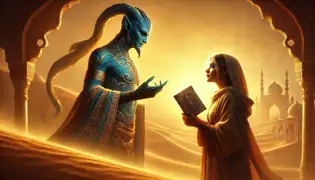 Amina se encuentra frente a Malik, sosteniendo un libro antiguo, mientras él se disuelve en la neblina, con el desierto bañado en la luz dorada del amanecer.