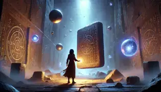 Amina se acerca a una losa de piedra flotante en una cueva iluminada, rodeada de símbolos antiguos y orbes de luz que flotan en el aire.
