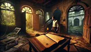 Gabriel Santos en una mansión abandonada de Ponce, contemplando un antiguo libro de recetas que revela el secreto del El Mofongo Dorado.