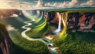 Una vista aérea del Parque Nacional Canaima, con el Salto Ángel cayendo desde un tepuy y el Río Carrao serpenteando abajo.