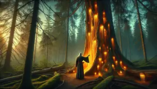 Väinämöinen recoge resina dorada y luminosa del Pino Eterno en un bosque mágico de crepúsculo.