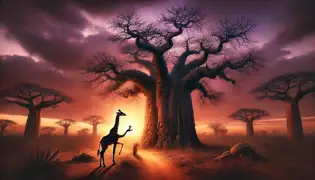 Un antiguo baobab al anochecer, con Ndemi la jirafa inclinándose ante él, en busca de sabiduría del Espíritu del Baobab.