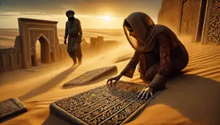 Layla Karimov examina las antiguas tallas de piedra en las ruinas de Nurata mientras Timur Rashidov observa bajo el atardecer.