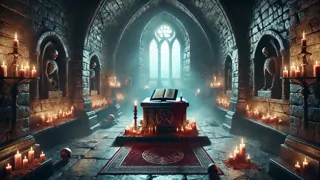 Altar de piedra antigua goteando sangre en una cripta iluminada por la luna