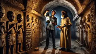 Une ancienne chambre souterraine à Fort Jesus, ornée d'inscriptions swahilies et d'une image sculptée de tambourineurs fantomatiques.