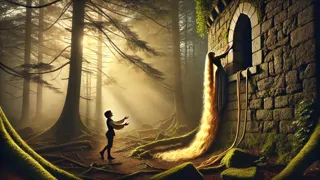 Rapunzel descendiendo desde la ventana de una torre usando su cabello trenzado y cuerdas hacia un juglar que la espera.