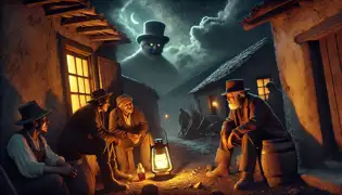 Diego Ayala y sus compañeros mineros se sientan afuera de una taberna rústica por la noche, escuchando a Don Vicente mientras sombras inquietantes se alargan sobre las paredes.
