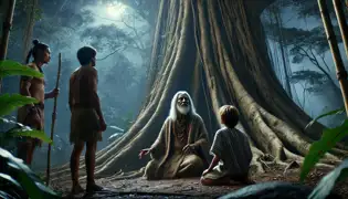 Xolotl, o idoso guardião, senta-se sob a árvore ceiba, sua mão apoiada no tronco enquanto conversa com Emilio e Diego.