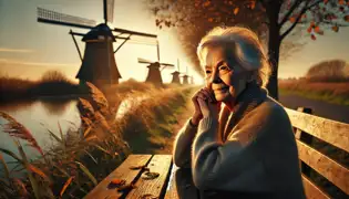Una anciana se sienta en un banco cerca de los molinos de viento de Kinderdijk, iluminada por la dorada luz de la tarde, contemplando las aspas que giran con nostalgia.