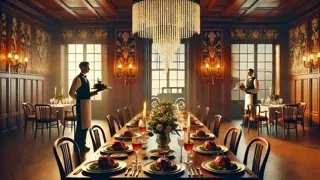 Clientes cenando en una habitación estilo años 20 que se transforma suavemente en formas modernas en sus bordes.